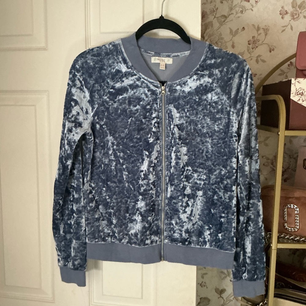 Blue Crushed Velvet Bomber Jacket